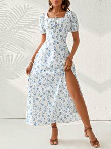 SHEIN VCAY Kỳ nghỉ Phong cách In hoa Cổ vuông Cái nĩa cao Ống tay áo Đầm Váy dự tiệc - Nhiều màu - Xem 4