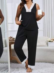 大码女式蕾丝拼接休闲镂空吊带背心和裤子睡衣套装