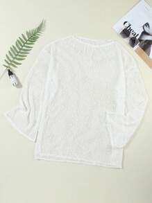 Bright WhiteSolid None Round Neck Shift Basic Pompom Mesh Long Sleeve Side Split Beach Cover Up Summer - White - View 5