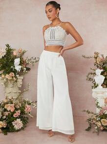 SHEIN Unity Conjunto de dos piezas con top de halter de encaje y pantalones de pierna ancha