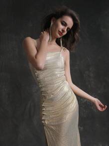 Zolique Ladies' Sexy Champagne-Colored Cami Dress With Pleats, Metallic Bubble Beads And Studs - Champagne - View 5