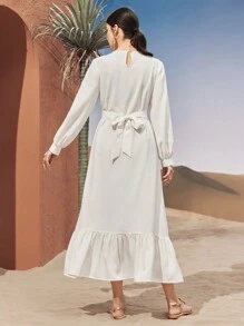 Modelyn 拼布流苏长袖系带阿拉伯风格 Jalabiya 连衣裙长款晚礼服 - 白色 - 查看 2