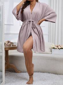 大码女士休闲粉色提花面料夏季系带浴袍，居家舒适，秋冬季皆宜