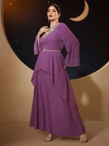 Modelyn 大码女式圆领花卉贴花装饰喇叭袖连衣裙，优雅晚会礼服长款晚礼服 - 紫色 - 查看 6