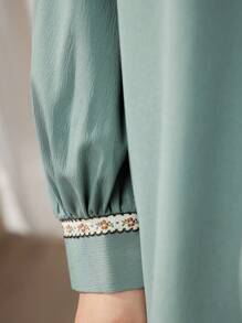 Mulvari 大码女式拼布编织腰带长袖衬衫和裤子两件套 - 綠色 - 查看 2