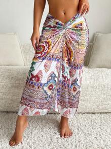 Swim Vcay 随机印花不对称下摆长裙罩衫，适合度假、夏季海滩 - 彩色 - 查看 7