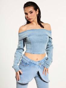 MUSERA Denim Bardot Long Top Spring 90's Sexy Summer
