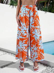 SHEIN VCAY Holiday Plant Print Wide Leg Pants - Orange - View 1