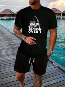 Men's Summer Short Sleeve T-Shirt And Shorts Set With Letter Print, Fashionable And Leisurely Outfits With Pocket And Drawstring Waistband