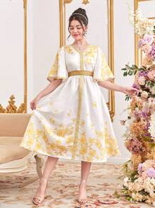 SHEIN Teen Girl's V-Neck Golden Flower Print Dress With Woven Tape Decoration