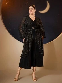 Modelyn 大码闪光拼布灯笼袖连衣裙长款晚礼服 - 黑色 - 查看 6