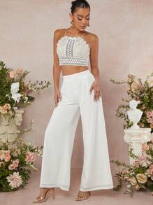 SHEIN Unity Conjunto de dos piezas con top de halter de encaje y pantalones de pierna ancha