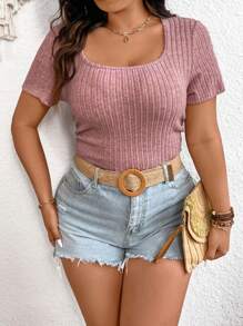Plus Size Women's Solid Color Basic Ribbed T-Shirt With Wide Round Neck And Short Sleeve - Dusty Pink - View 6