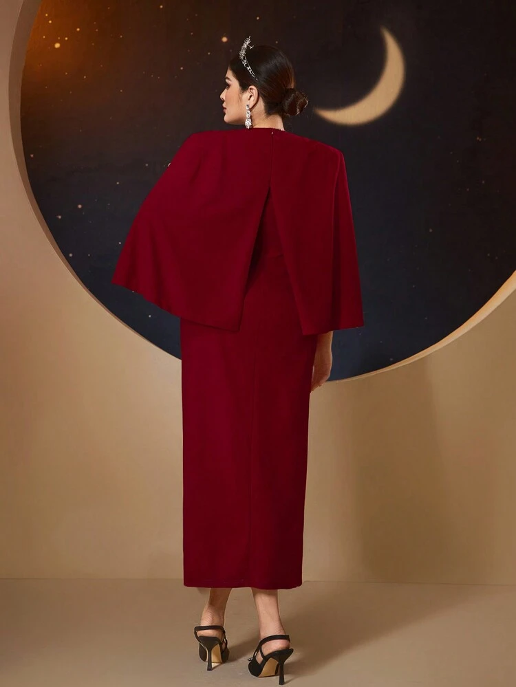Burgundy Red Plus Size Women's Cape Style Glitter Dress,Elegant Evening Party Dress Long Evening Dresses