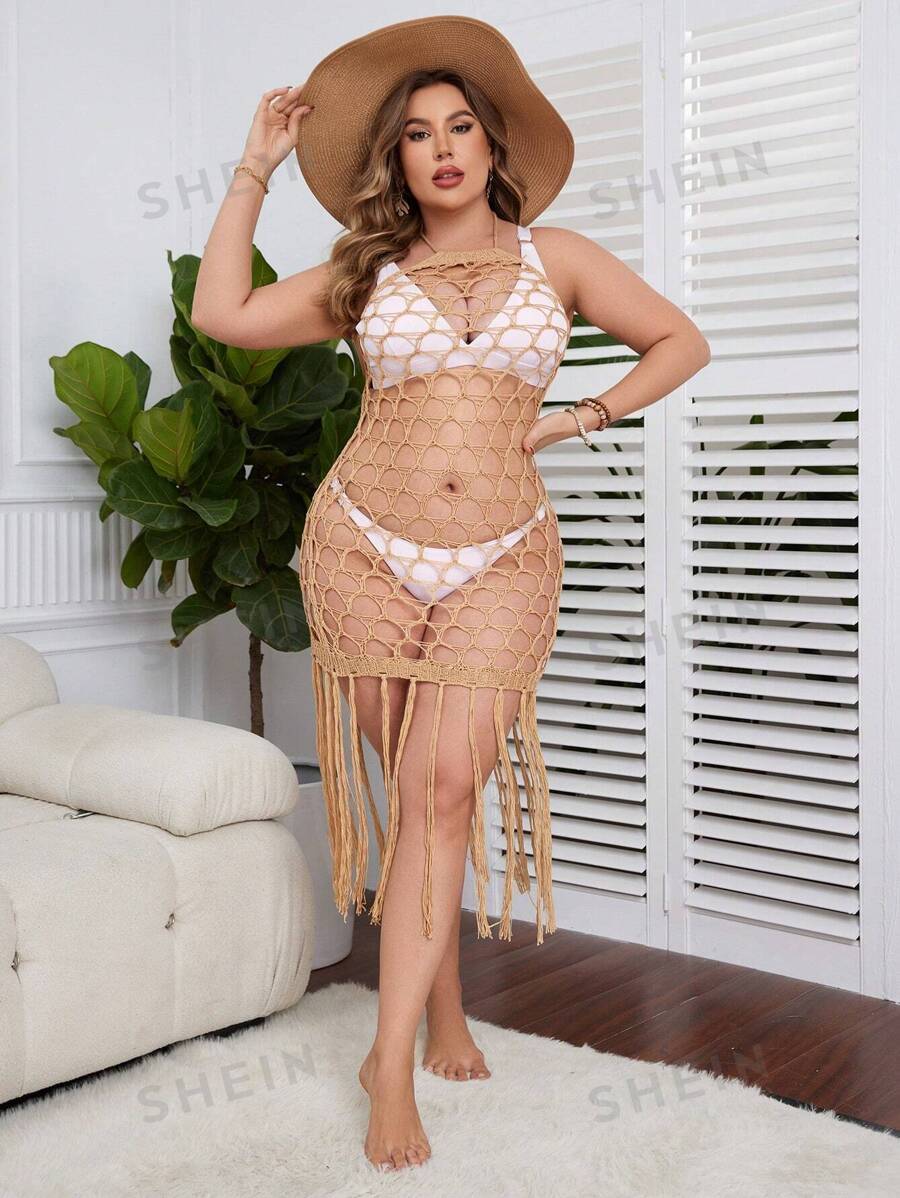 SHEIN Swim Curve Vestido de talla grande con cuello de halter y flecos para cubrir en verano - Caqui - Ver 1