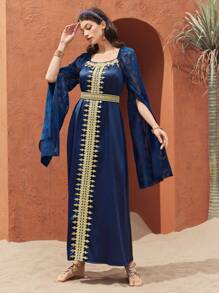 Al Najma 女士披肩袖連身裙,編織肩帶和剪花拼接設計 - 藍色 - 查看 8