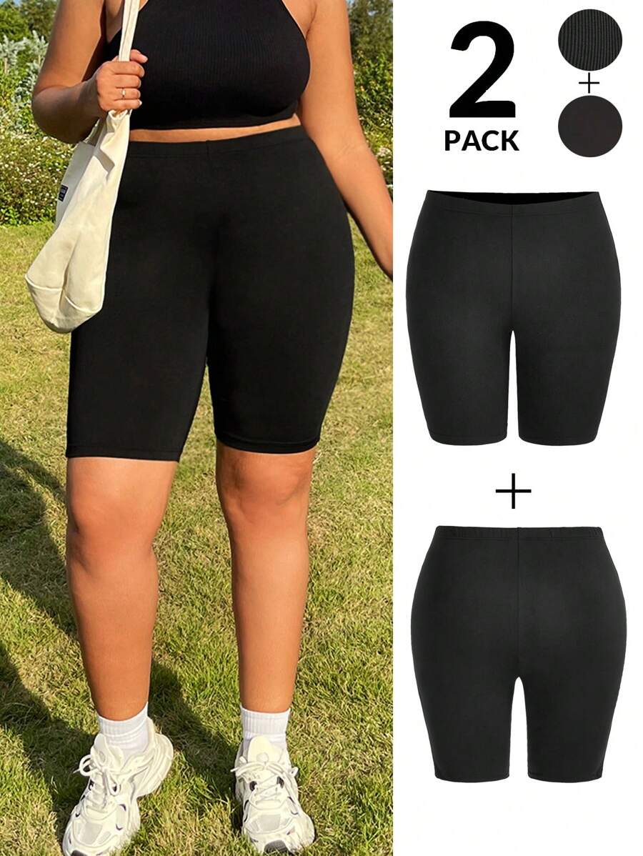 SHEIN EZwear Plus Size Women's Knitted Stretchy Shorts Leggings Set