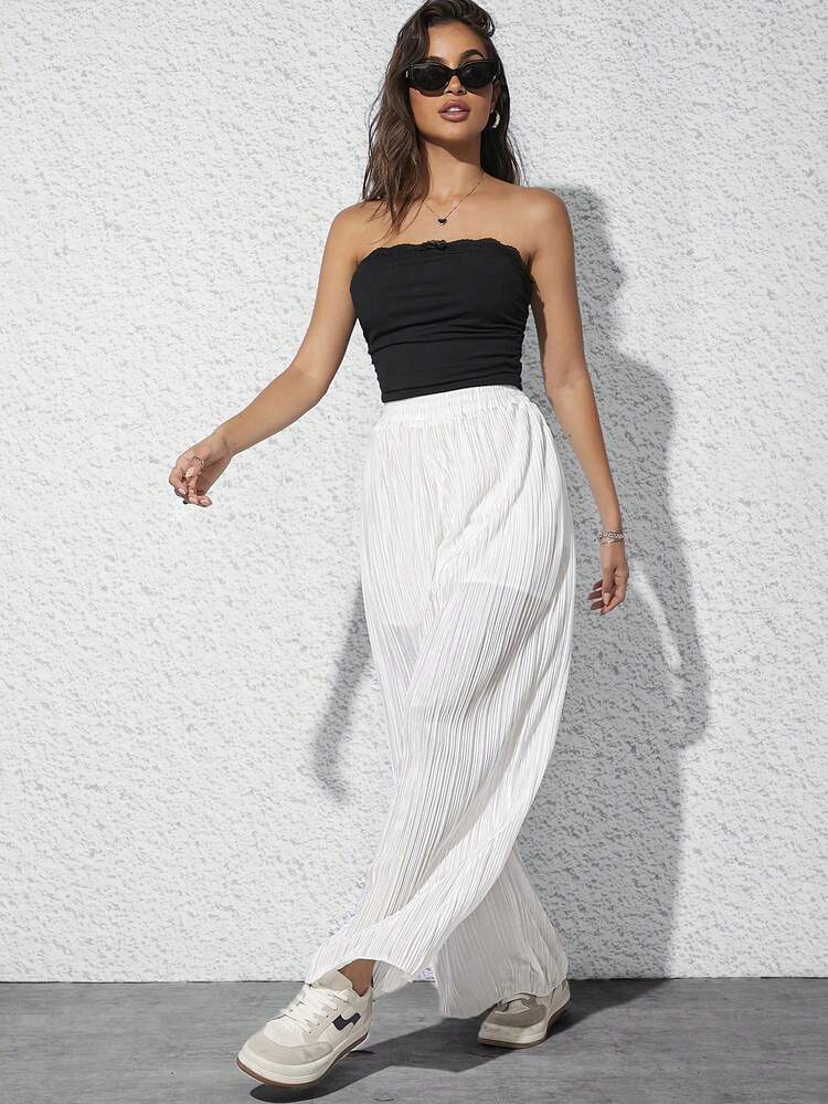 Ruffle Trim,Plisse,Drawstring Waist Wide Leg Pants