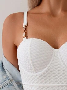 SHEIN Swim 女式单肩吊带泳衣，腰带设计（带衬垫罩杯和钢圈支撑），适合夏季、海滩、游泳、度假 - 白色 - 查看 4