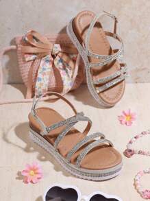 Mini mi Summer Kids Fashion Rhinestone Flat Wedge Sandals Buckle Ankle Strap Sandals For Party - Silver - View 2