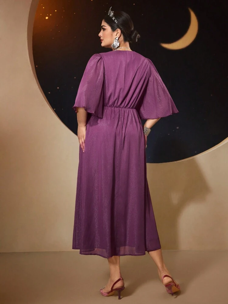 Plus Size Women's Floral Decor Waist Ruched Peplum Sleeve Dress,Elegant Evening Party Dress Long Evening Dresses