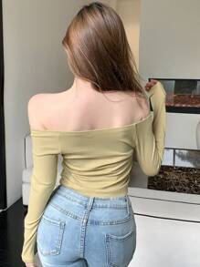 DAZY Solid Color Off Shoulder Slim Fit Long Sleeve T-Shirt,Fall Women Clothes - Mustard Yellow - View 5