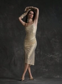 Zolique Ladies' Sexy Champagne-Colored Cami Dress With Pleats, Metallic Bubble Beads And Studs - Champagne - View 6
