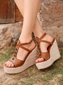 Styleloop 女士時尚度假波西米亞春夏刺繡楔形涼鞋，厚帆布麻鞋底，腳踝帶