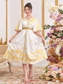 SHEIN Teen Girl's V-Neck Golden Flower Print Dress With Woven Tape Decoration