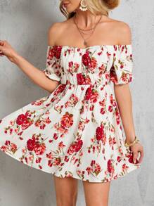 SHEIN VCAY Women's Floral Print Off-Shoulder Dress
