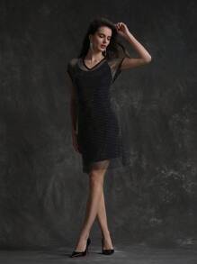 Zolique 網紗和鑽石裝飾優雅連衣裙 - 黑色 - 查看 5