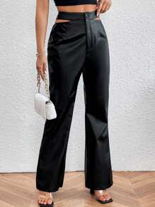 Chiquease Women's Solid Color High Waist Cut Out Pants