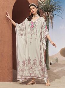 Al Najma Women's Turkish Floral Print Batwing Sleeve Long Shirt Kaftan - Multicolor - View 7