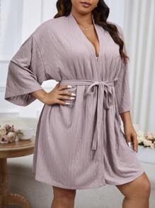 大码女士休闲粉色提花面料夏季系带浴袍，居家舒适，秋冬季皆宜