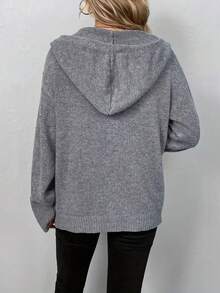 Einfarbige Kapuzen-Zugkordel-Strickjacke, Lässig - Grau - Übersicht 2