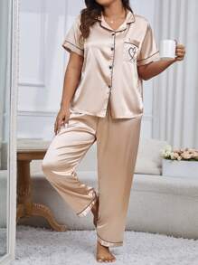LuxeNights Plus Size Imitation Silk Heart Embroidery Top & Pants Pajama Set