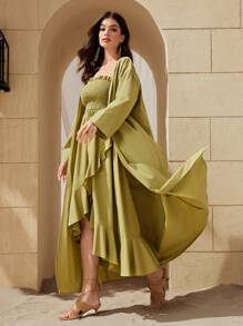 Al Najma Women's Drop Shoulder Coat And Wrapped Bust Shirred Dress Two Pieces Set 2 Pieces Set