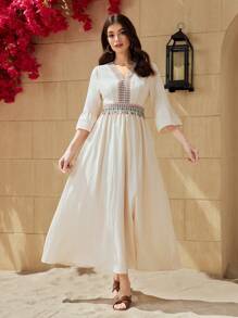 Al Najma Women's Belted Dress With Spliced Strap Design & Pendant Embellishment - Apricot - View 5