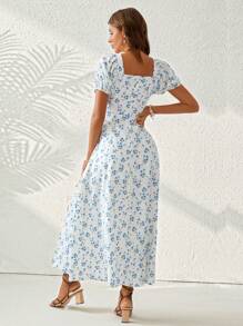 SHEIN VCAY Kỳ nghỉ Phong cách In hoa Cổ vuông Cái nĩa cao Ống tay áo Đầm Váy dự tiệc - Nhiều màu - Xem 5