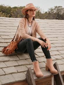 Styleloop 時尚彈性高跟靴,靈感來自網路名人風格,經典多功能杏色切爾西靴,適合休閒學生 - 杏色 - 查看 2