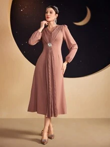 Modelyn Ladies' Pleated Puff Sleeve Dress Long Evening Dresses Fall Cloth For Women