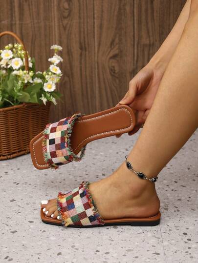 Flat Denim Effect Women's Summer Slippers, Open Toe, Slip On, Casual, Beach Style, Korean Version 2024