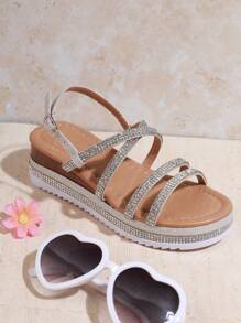 Mini mi Summer Kids Fashion Rhinestone Flat Wedge Sandals Buckle Ankle Strap Sandals For Party - Silver - View 5
