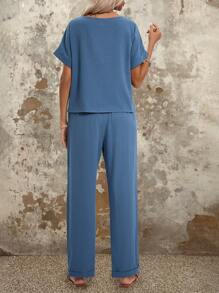 EMERY ROSE Bộ đồ thường ngày tay ngắn họa tiết hoa cúc cho nữ mùa hè hai mảnh bằng cotton - Màu xanh lam - Xem 2