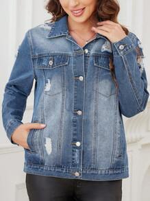 SHEIN LUNE Women's Distressed Button Front Denim Jacket - Light Wash - View 5