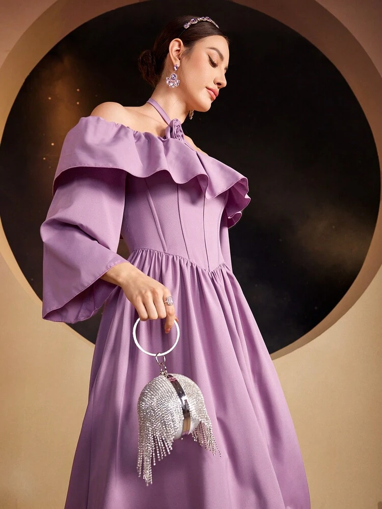 Ladies' Patchwork Asymmetric Ruffle Off-Shoulder Halter Neck Dress Long Evening Dresses