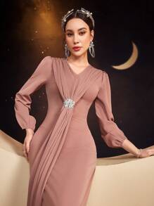 Modelyn Ladies' Pleated Puff Sleeve Dress Long Evening Dresses Fall Cloth For Women