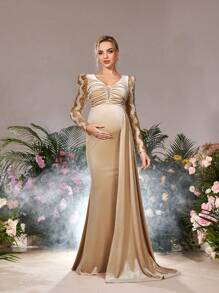 Faeriesty Dressalisa Maternity Plunging Neck Ruched Draped Side Velvet Formal Party Dress - Champagne - View 1