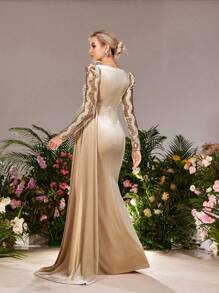 Faeriesty Dressalisa Maternity Plunging Neck Ruched Draped Side Velvet Formal Party Dress - Champagne - View 2