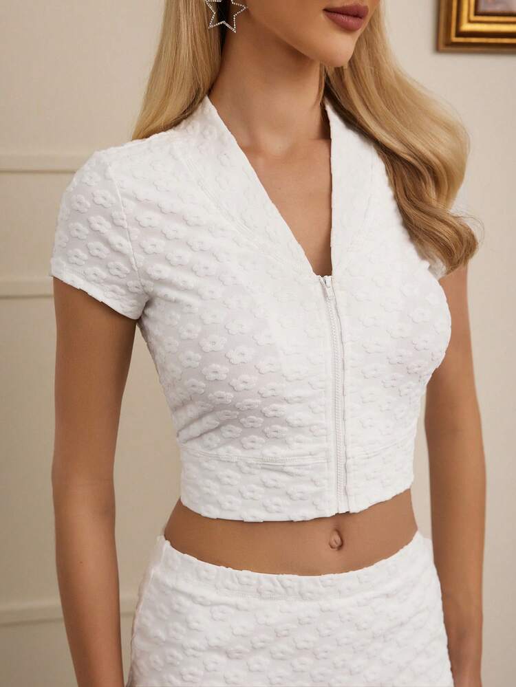 Women's Flower Embroidered Crop Top And Skirt Set With Towel Fabric